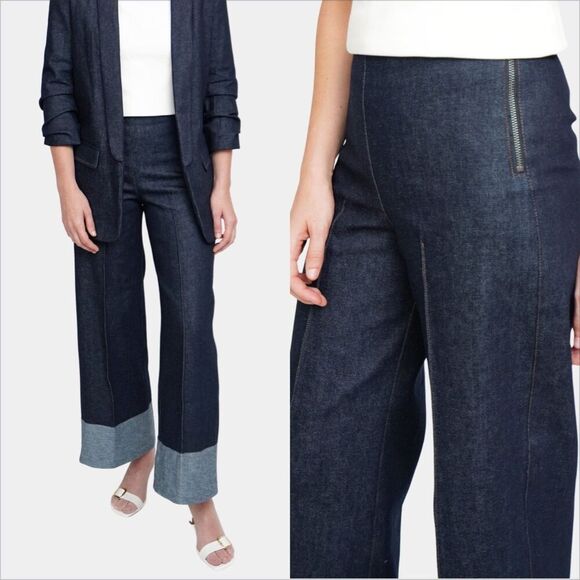 Hemline Brigitte Denim Pants Size Medium Wide Leg Dark Wash Cuffed NEW High Rise - Picture 1 of 7